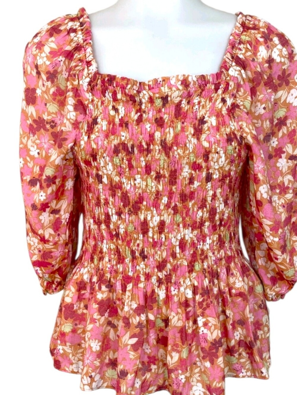 NANETTE LEPORE Pink Floral Smocked Peplum Peasant Top Puffed Elbow Sleeves Sz 8 - Picture 5 of 16
